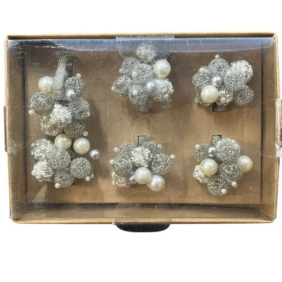 Rachel Zoe Beaded Napkin Rings Silver Metallic Beaded 3 Set Of 6 Holiday Party - Picture 1 of 5